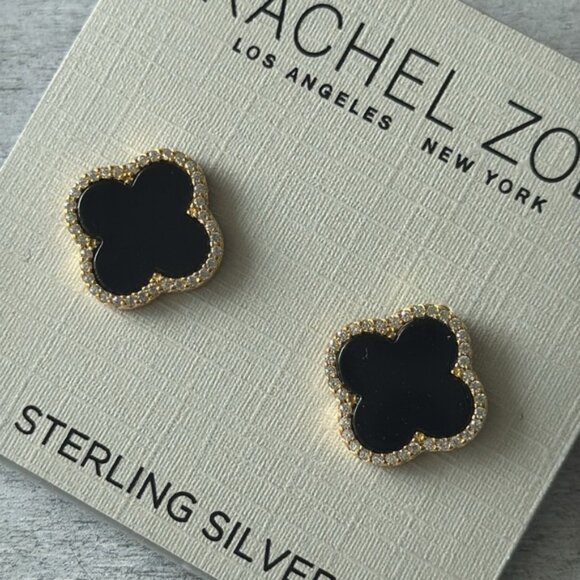 Rachel Zoe Onyx Sterling Silver 925 Gold Plated Clover Stud Earrings - Picture 1 of 7